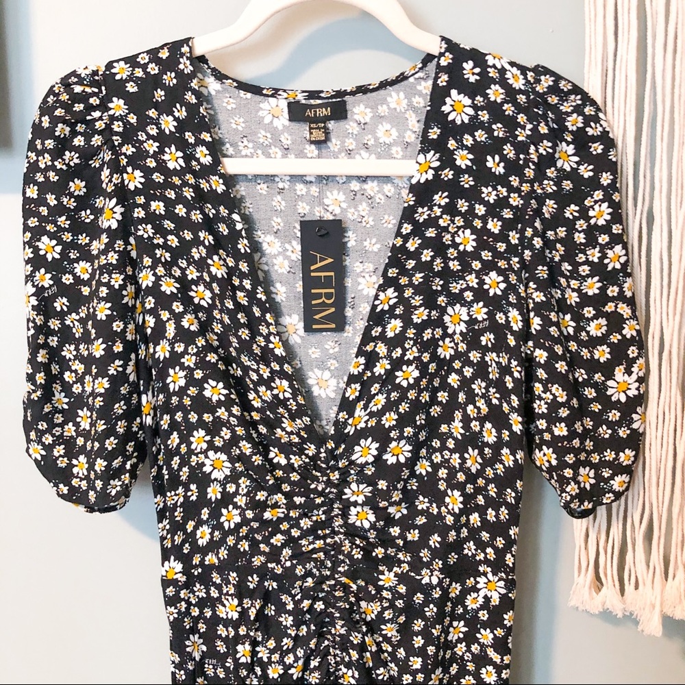 NWT AFRM Black Daisy Ditsy Ruched Midi Dress XS - Picture 8 of 13